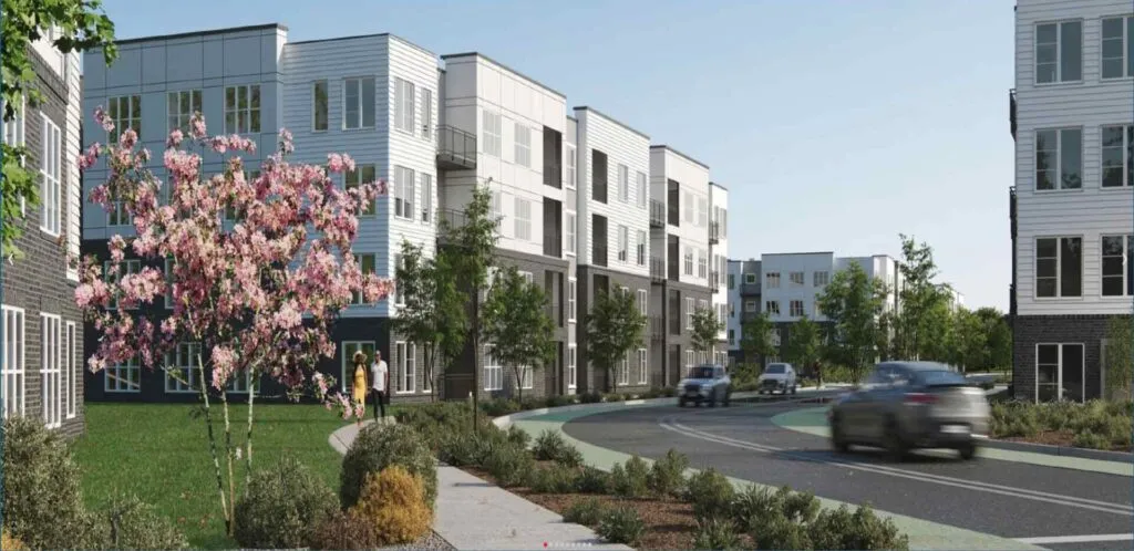 Modern multifamily apartment community with landscaped walkways in Matthews, North Carolina